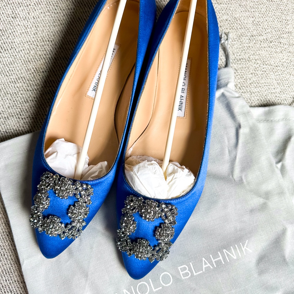Manolo Blahnik Blue Satin Jewel Buckle Flat HANGISI Pumps